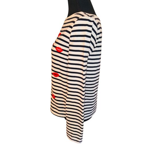 Betsey Johnson Striped Top Embroidered Red Lip Print S Novelty Coastal artsy - Picture 6 of 9